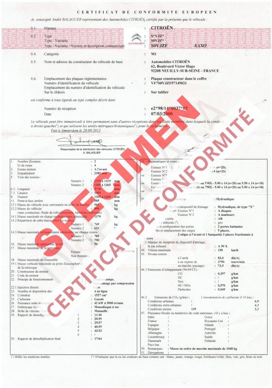 Certificat de conformité Citröen Gratuit