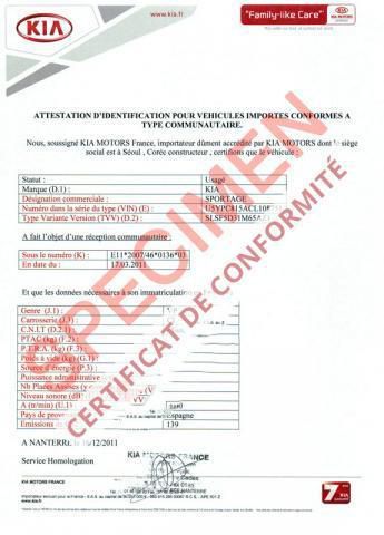 Certificat de conformité Kia 