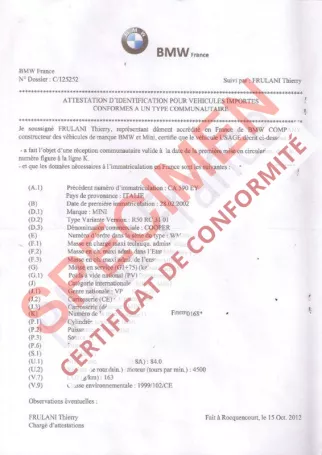 v Certificat de conformité Auto