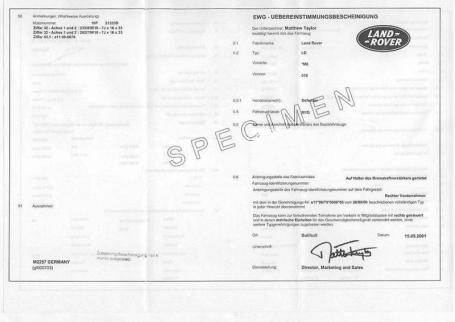 Certificat de conformité Land Rover 