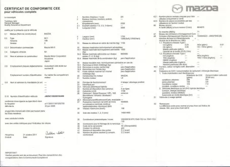 Le prix du Certificat de Conformité européen Mazda est à 200 € Le prix du Certificat de Conformité européen Mazda est à 200 €