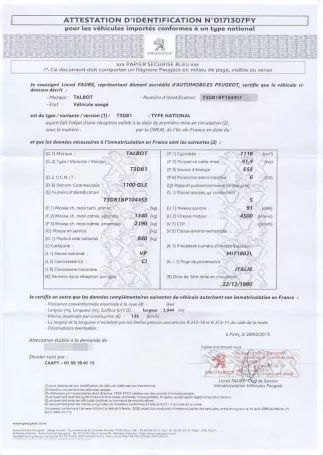 Duplicata du Certificat de conformité délivré par le constructeur Duplicata du Certificat de conformité délivré par le constructeur