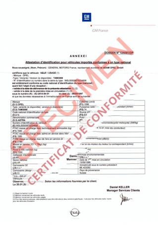 Certificat de conformité véhicule